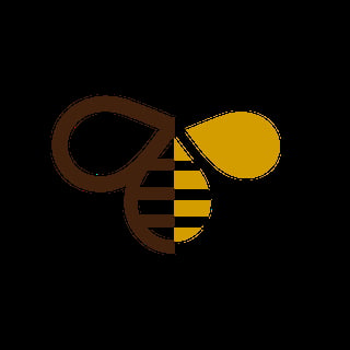 Stylized bee icon with brown wings and yellow-striped body on black background