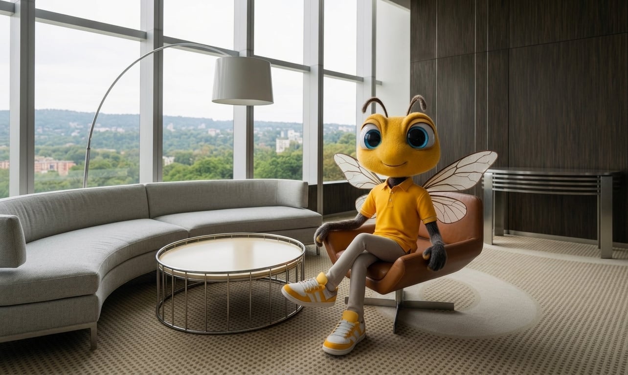 Cheerful cartoon bee character sitting in modern living room with curved sofa, round coffee table, and panoramic city view through large windows